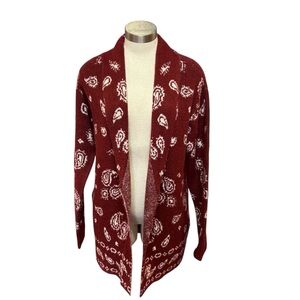 NWT Lucky Brand Cardigan Red Open-Front Paisley Long Sz. S